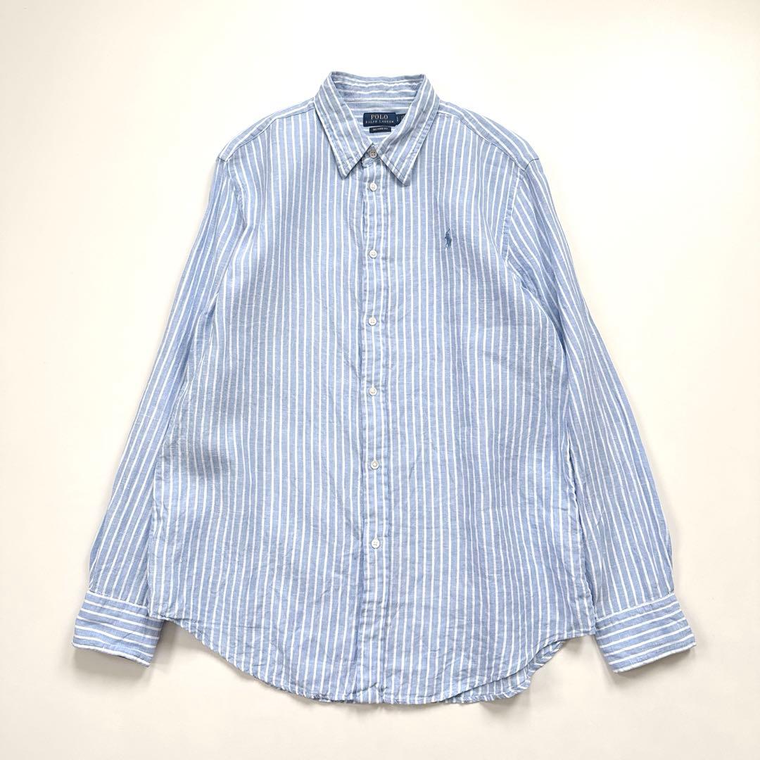 ラルフローレン リネンシャツ ストライプ ポニー刺繍 ライトブルー×ホワイト 美品】ポロラルフローレン リネン ストライプ シャツ 現行 ポニー刺繍