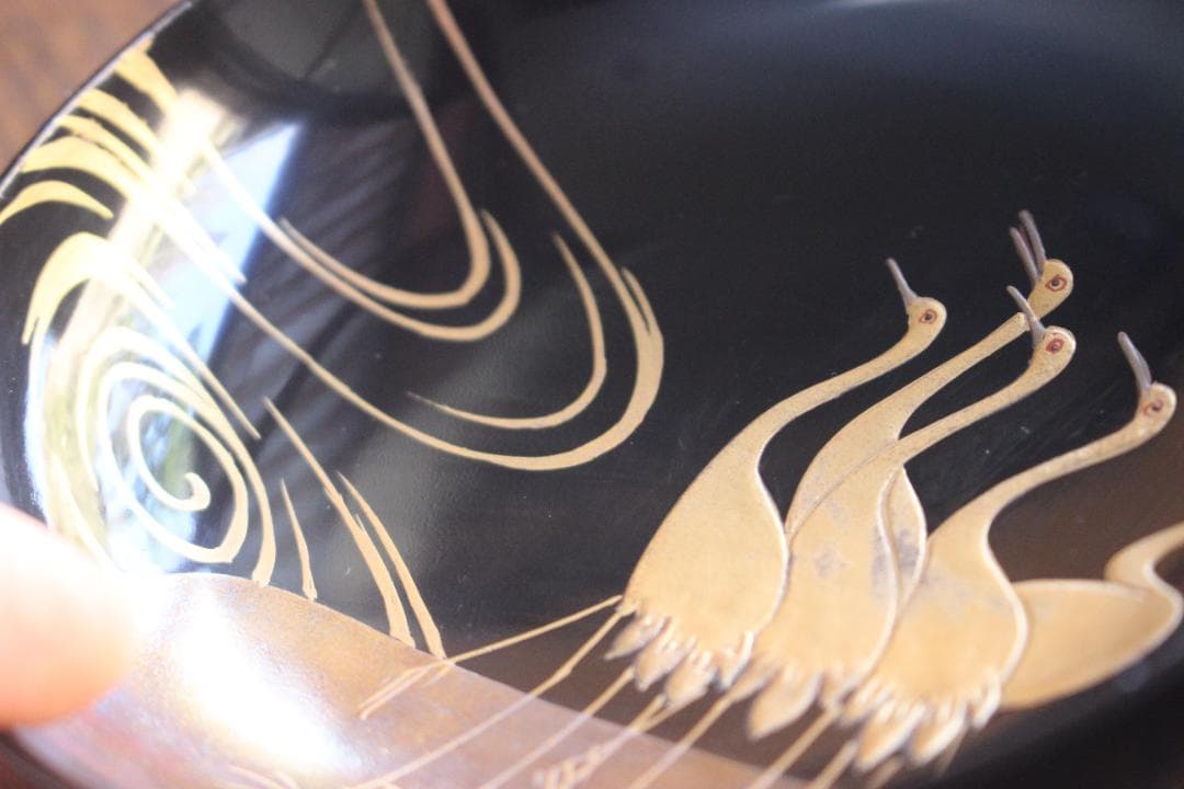 時代逸品！端正な黒漆に優美な光琳鶴蒔絵の映えるお椀2点（検輪島塗