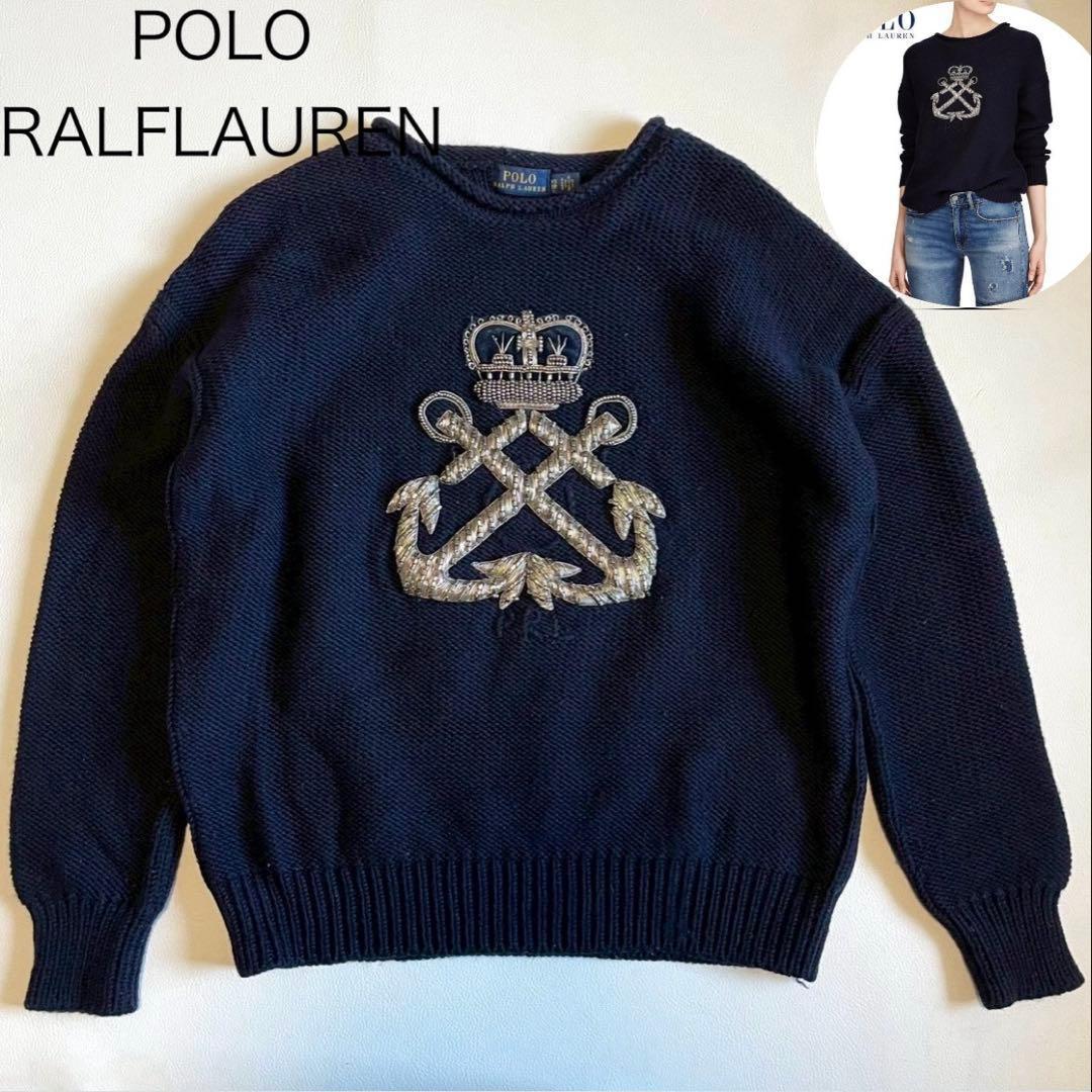 【ポロラルフローレン】ブリオン ロールネック セーター ニット 紺 ウール M位 ポロラルフローレンPOLO RALPH LAUREN ポニー刺繍ローゲージニット