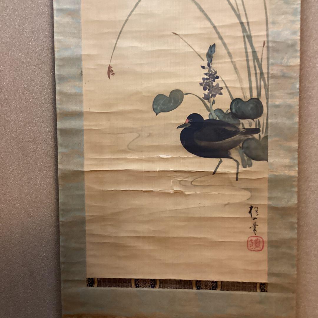 酒井抱一筆 絹本彩色画 花鳥画【水鳥之図】肉筆落款【必携落款字典
