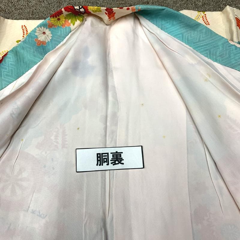 509ag32□七五三 七歳 女児 着物&袋帯 金彩 花車 水色白□状態良好