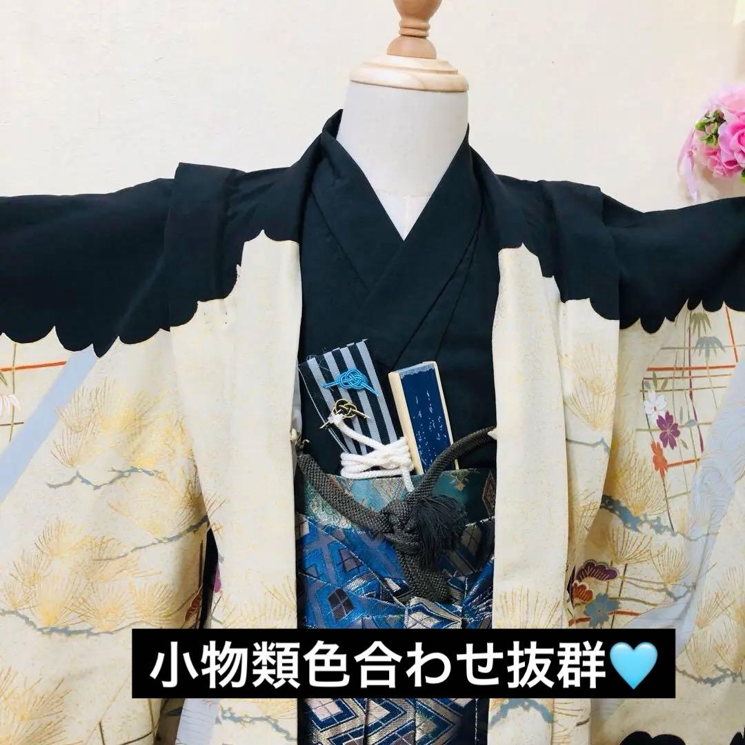 七五三 五歳‼️黒地にクリーム系 鷹 金箔金彩‼️完全フルセット‼️家