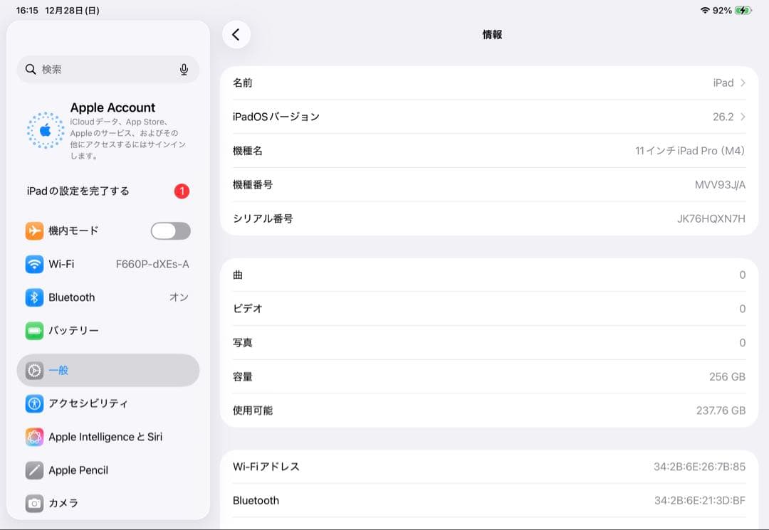 M4 iPad Pro 11インチ WiFi版 シルバー 256GB
