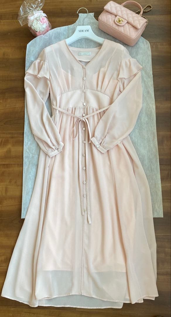 未使用☆セルフォード　パウダーピンクフリルシフォンワンピース　36 フォクシー 未使用☆セルフォード パウダーピンクフリルシフォンワンピース 36