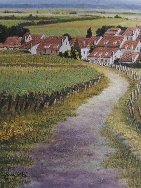 今関アキラコ、【丘陵の村】、希少な額装用画集画、新品高級額 額装付