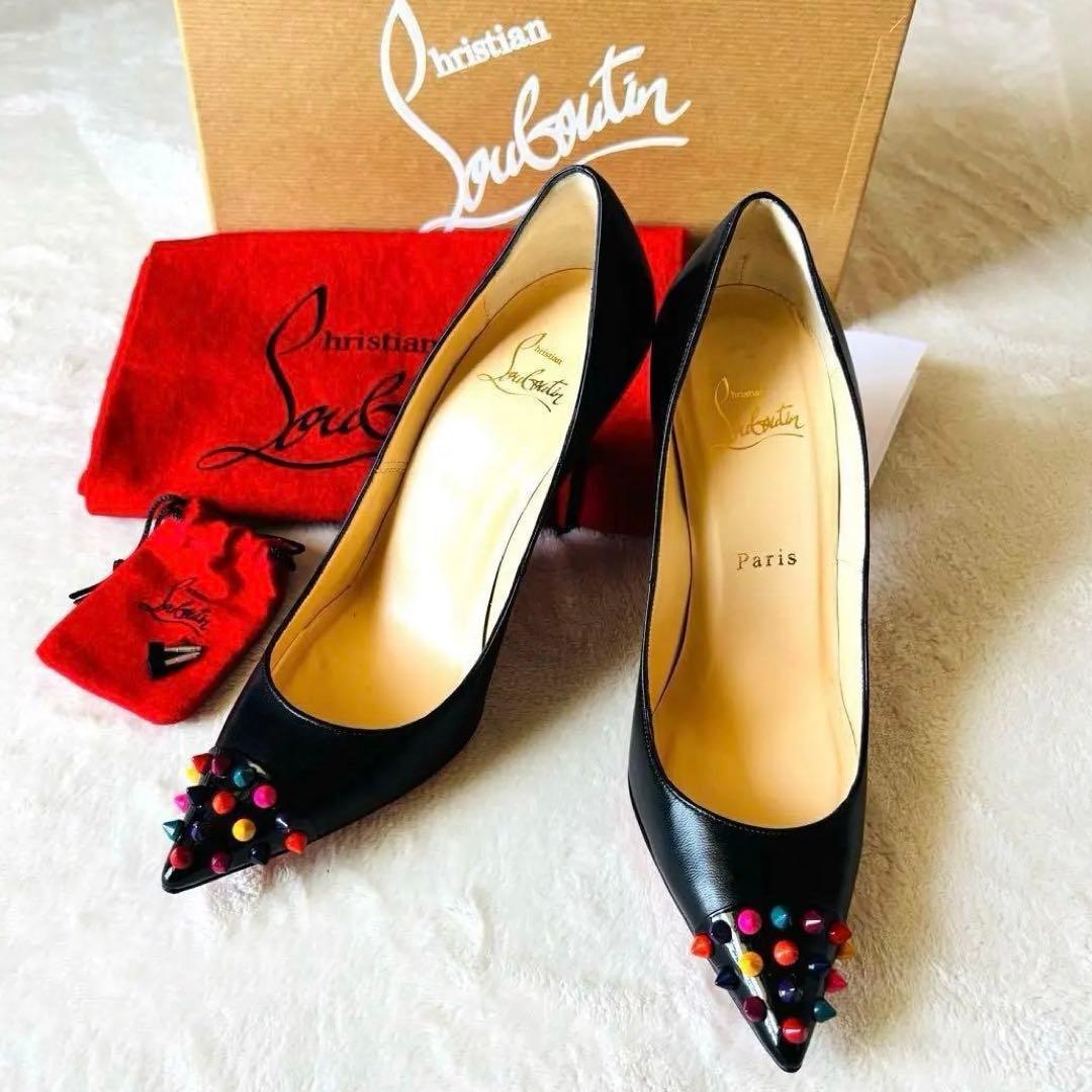 極美品 ルブタン パンプス 37 スタッズ ヒール 黒 レッドソール 購入証明書 極美品 ルブタン パンプス 37 スタッズ ヒール 黒 レッドソール 購入