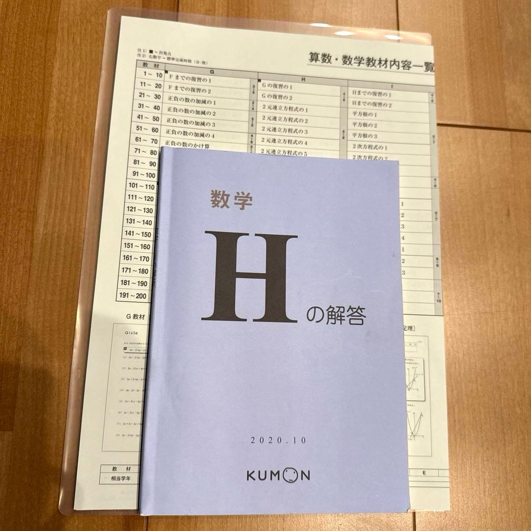美品 公文式 KUMON 数学 H 解答書 算数・数学教材内容一覧表 - メルカリ