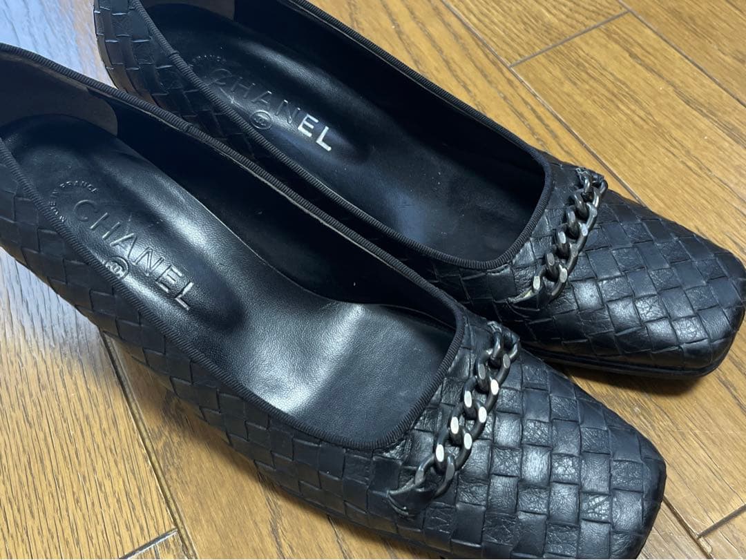 CHANEL シャネル パンプス チェーンレザー 編み込み　38 CHANEL シャネル オープントゥパンプス レザー チェーン ブラック 37 1