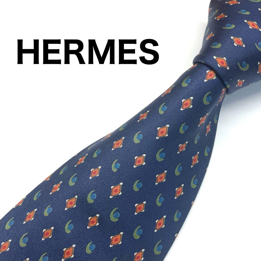 極美品✨】エルメス ネクタイ ネイビー 月 太陽 総柄 最高級シルク