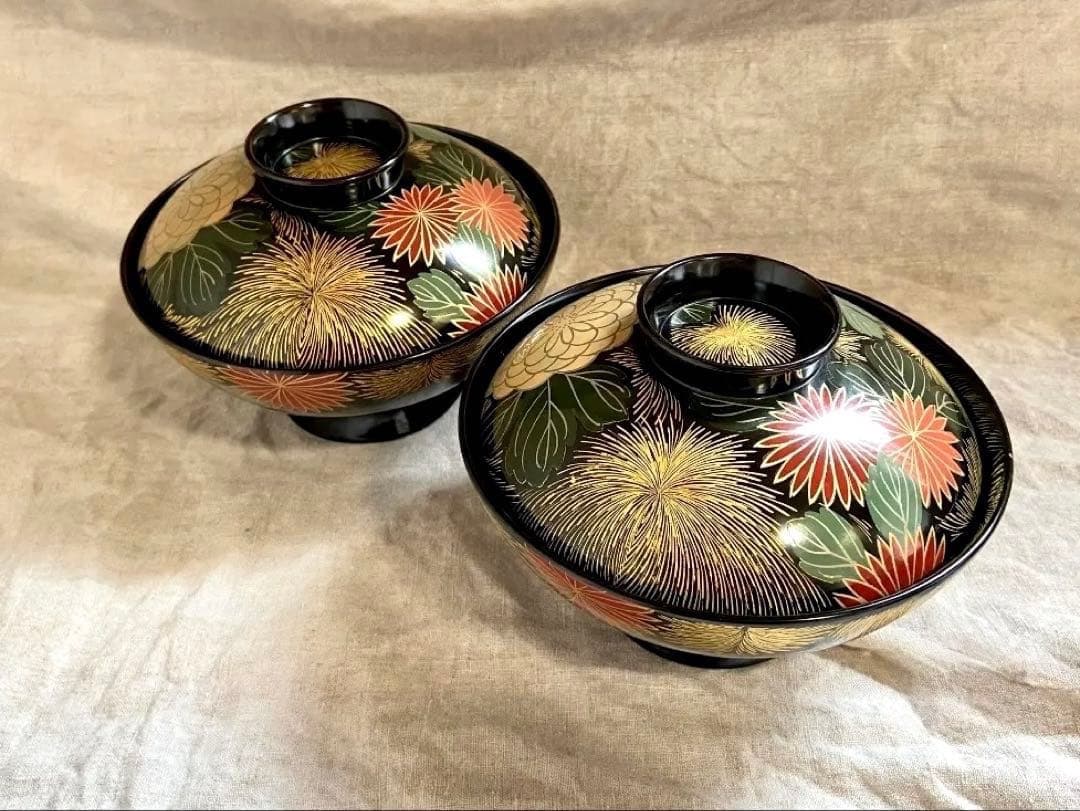 輪島塗 黒塗 菊詰沈金花蒔絵 蓋付椀 2客 / 懐石椀・蒔絵椀・雑煮椀