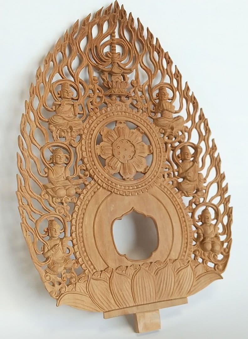 光背(2.5寸坐像用)#433 透し彫 奏楽飛天 宝塔 ◇白檀 木彫 仏像付属品