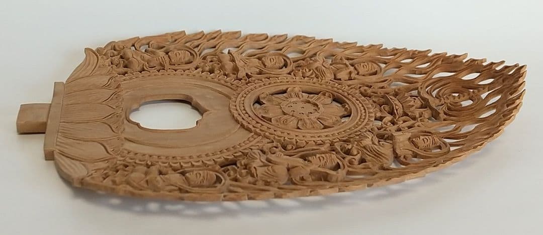 光背(2.5寸坐像用)#433 透し彫 奏楽飛天 宝塔 ◇白檀 木彫 仏像付属品