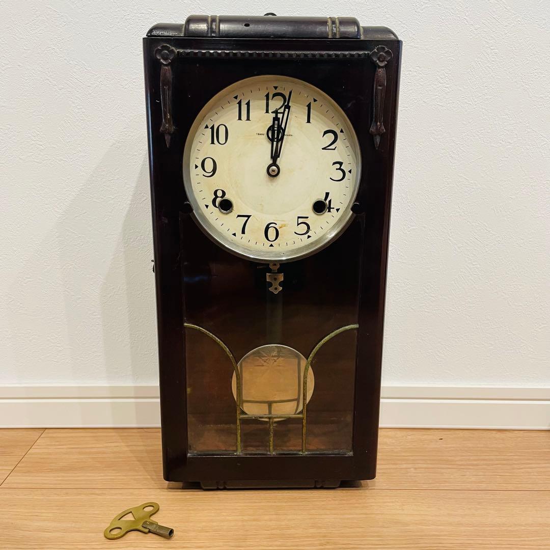 昭和レトロ アンティーク 津田時計 振り子時計 木製枠 掛時計 ゼンマイ