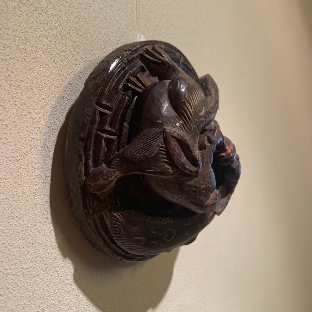 李朝 アンティーク 漆工 一木彫 陰陽 壁掛け