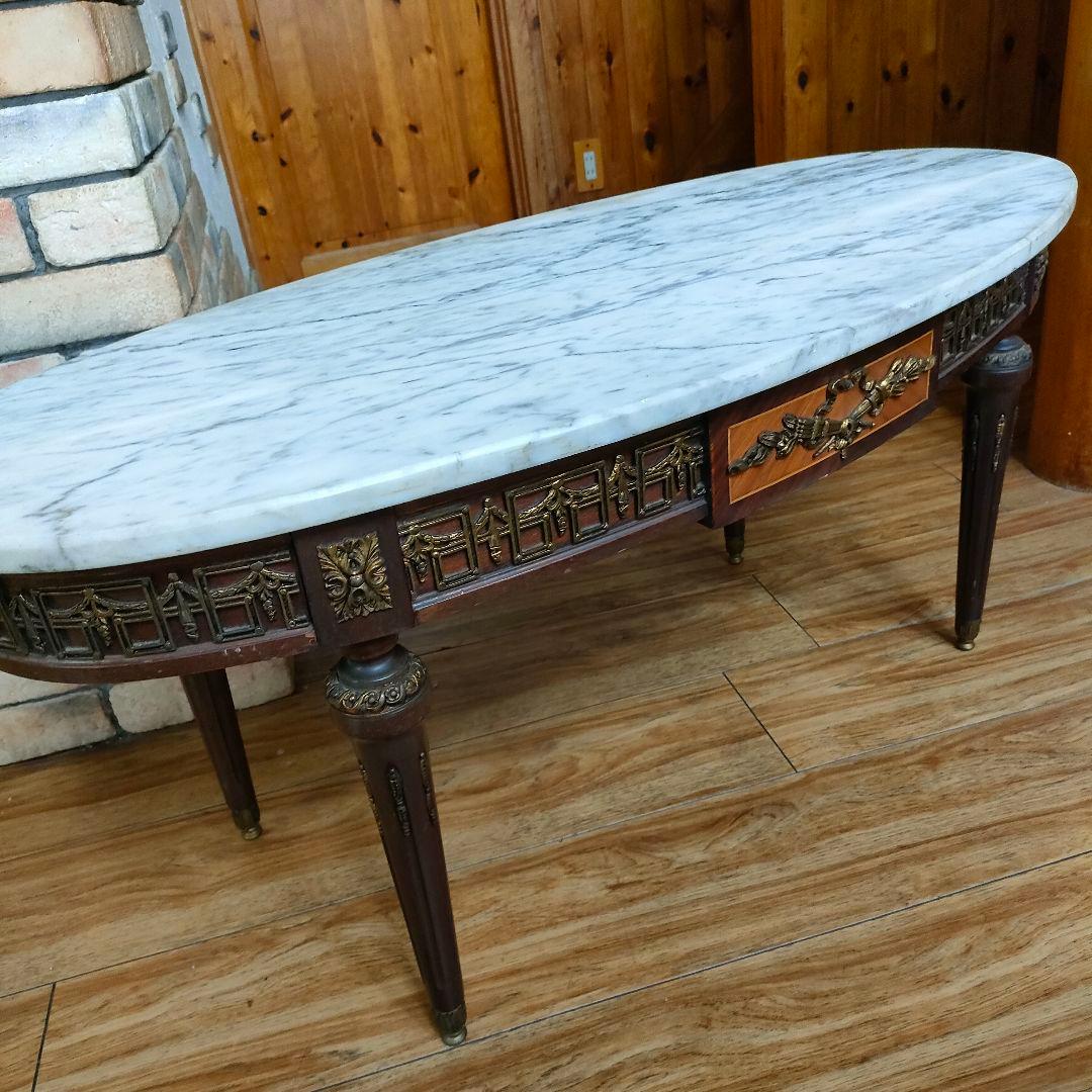 スペイン産大理石 丸型サイドテーブル 華麗 真鍮装飾 アンティーク