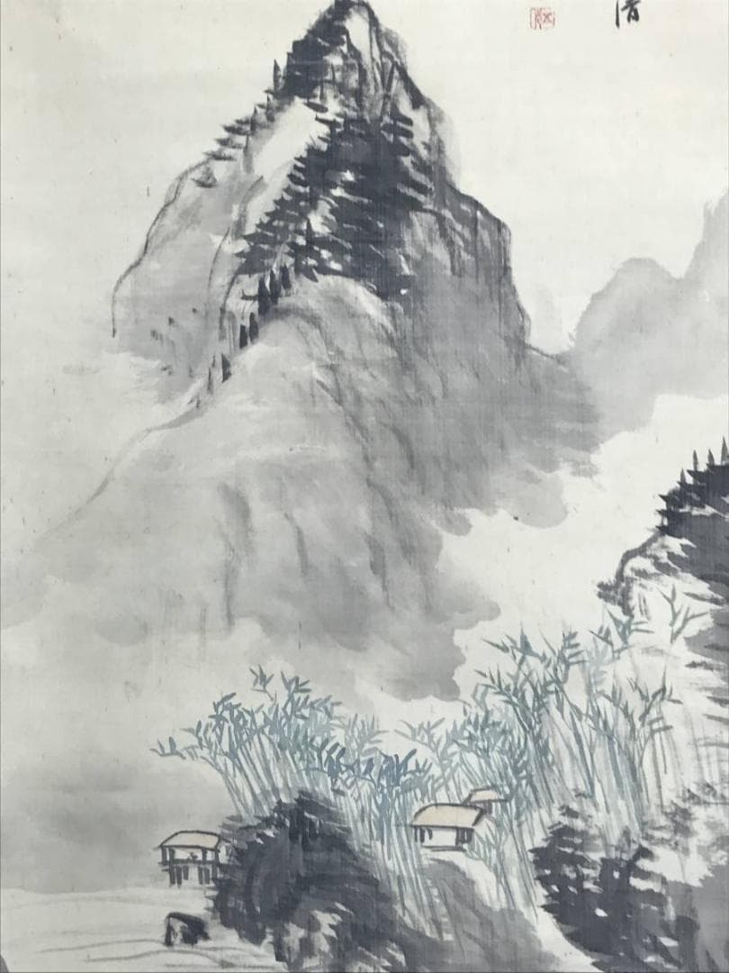 真作】服部五老/淡彩山水人物画賛/山水図/幽居図/掛軸/名家