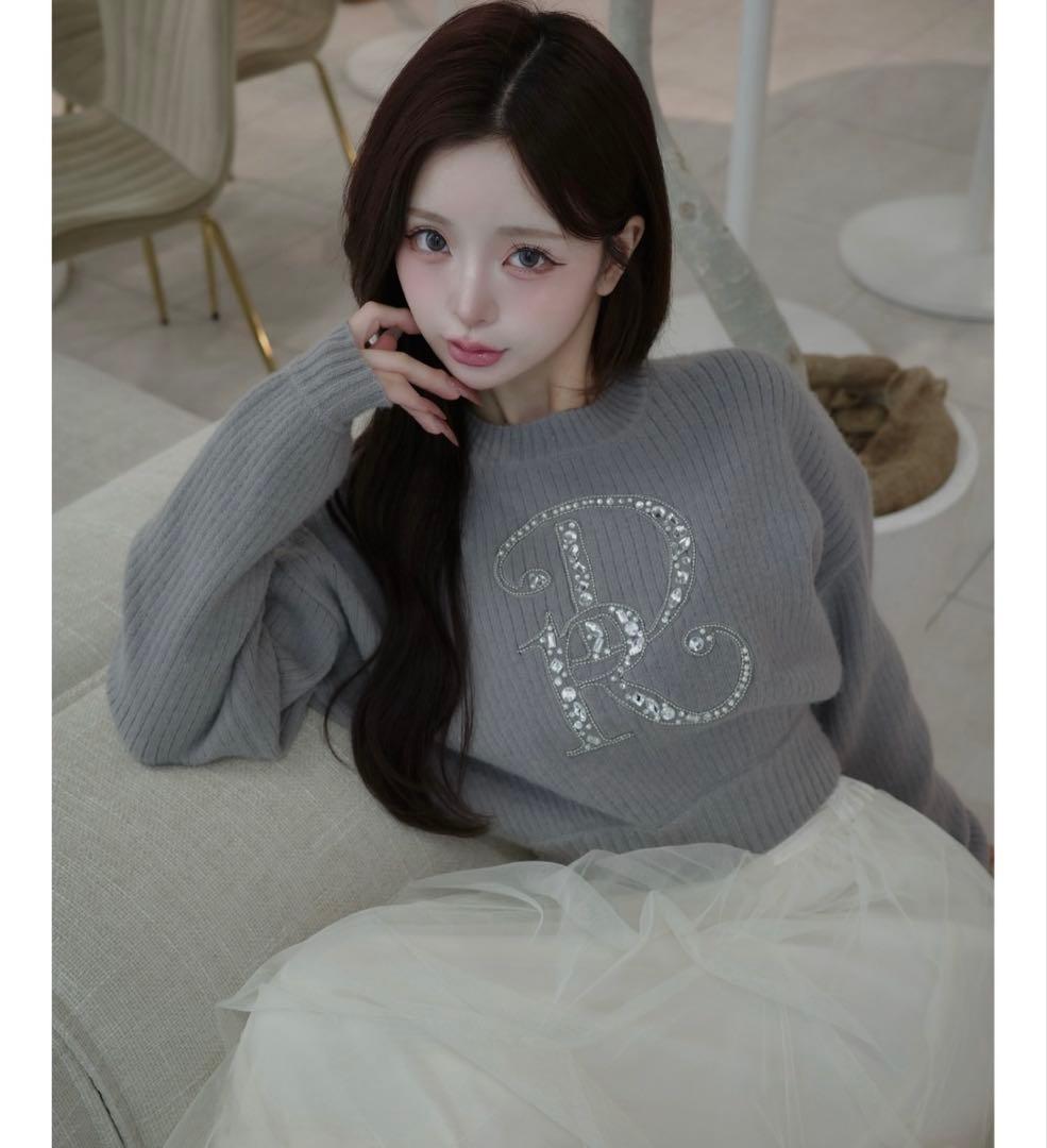 ダーリッチ　Darich DR ビジューボリュームリブニットトップス グレー ダーリッチ Darich DRビジューボリュームリブニットトップス （グレー