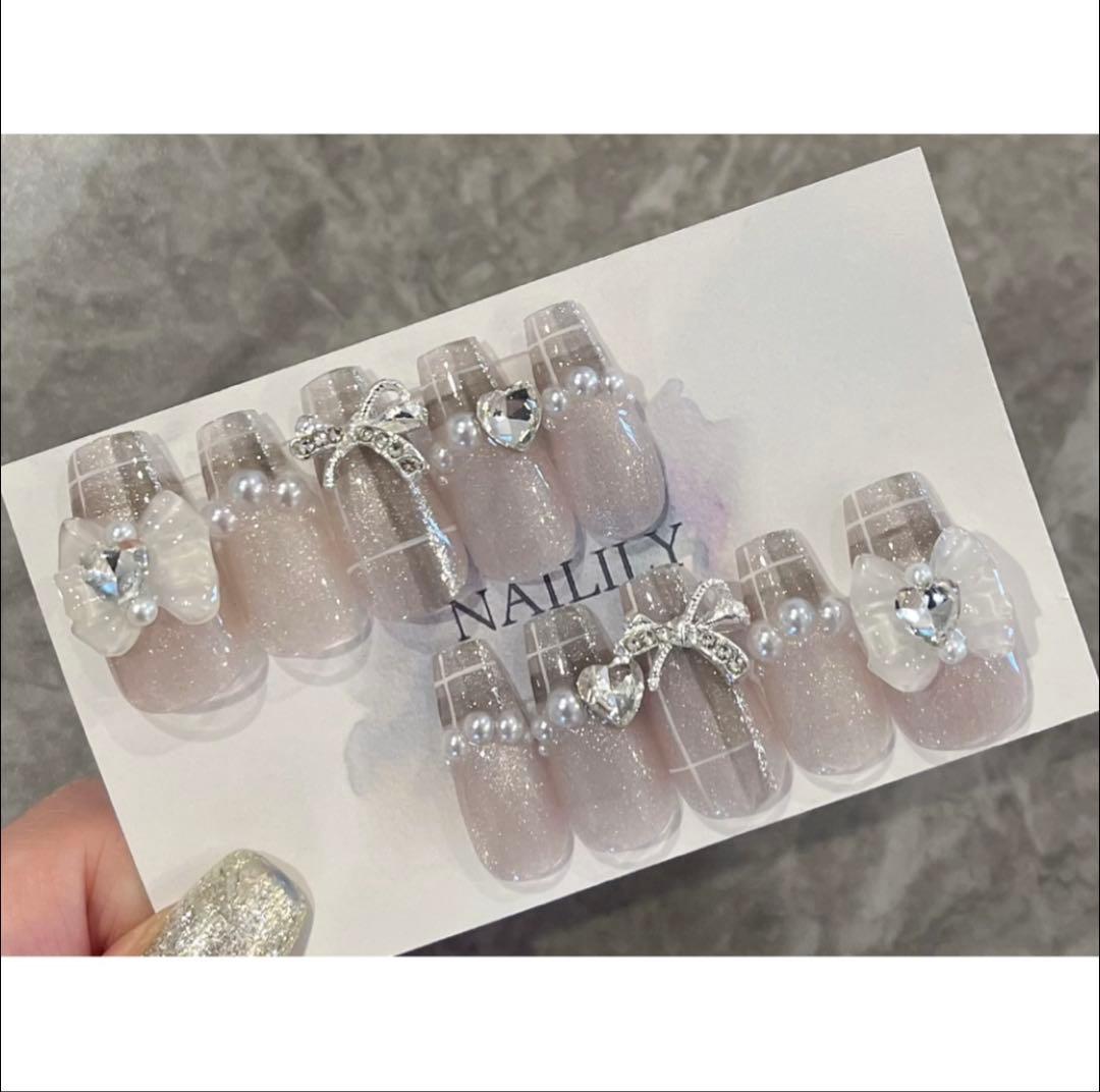 ネイルチップ マグネット チェック リボン ガーリー 韓国 量産型 地雷