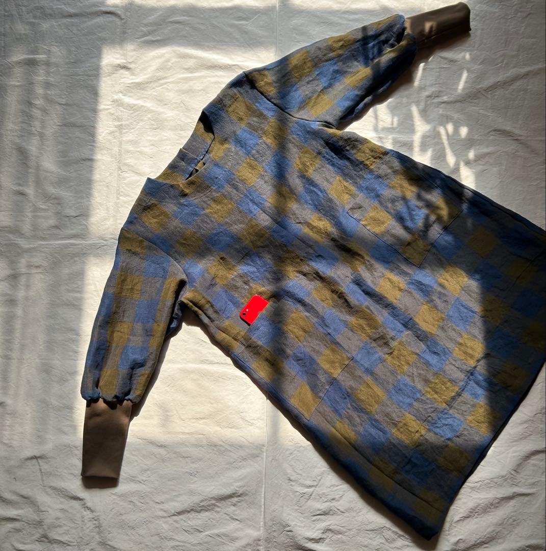 びば☆さま専用ページ】ギンガムlinen＊リブニット袖口かっぽう着