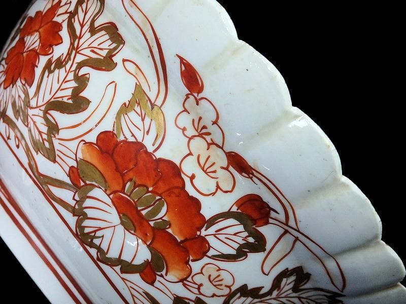 古伊万里 金襴手 輪花 花に柘榴の図 蓋付き深鉢 菓子鉢 E866AS-COk