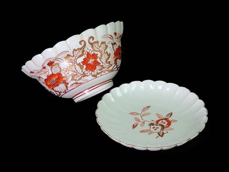 古伊万里 金襴手 輪花 花に柘榴の図 蓋付き深鉢 菓子鉢 E866AS-COk