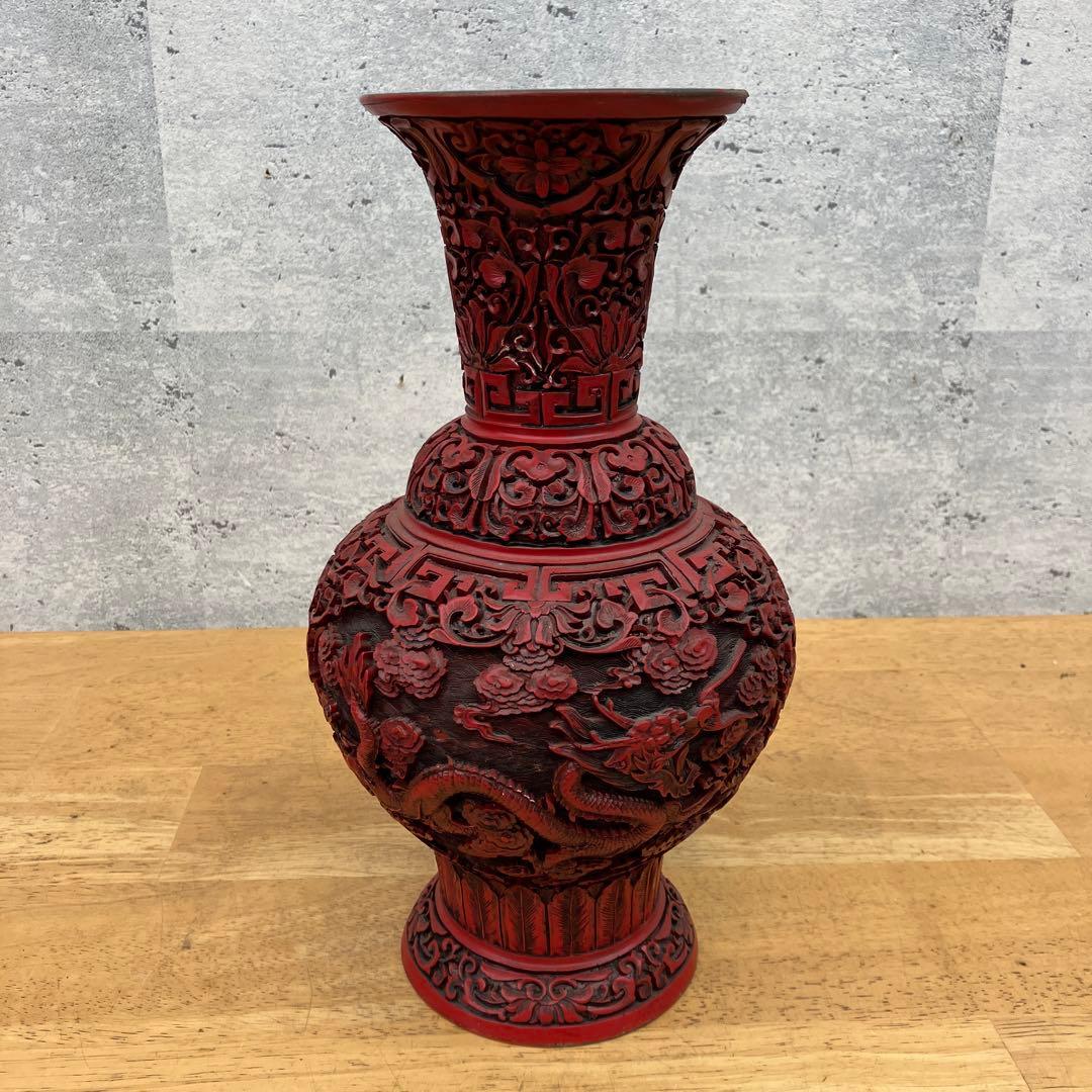 中国美術工芸品 骨董品 堆朱 龍 竜 花 彫刻 赤壺 壺 飾り壺 花器 花瓶