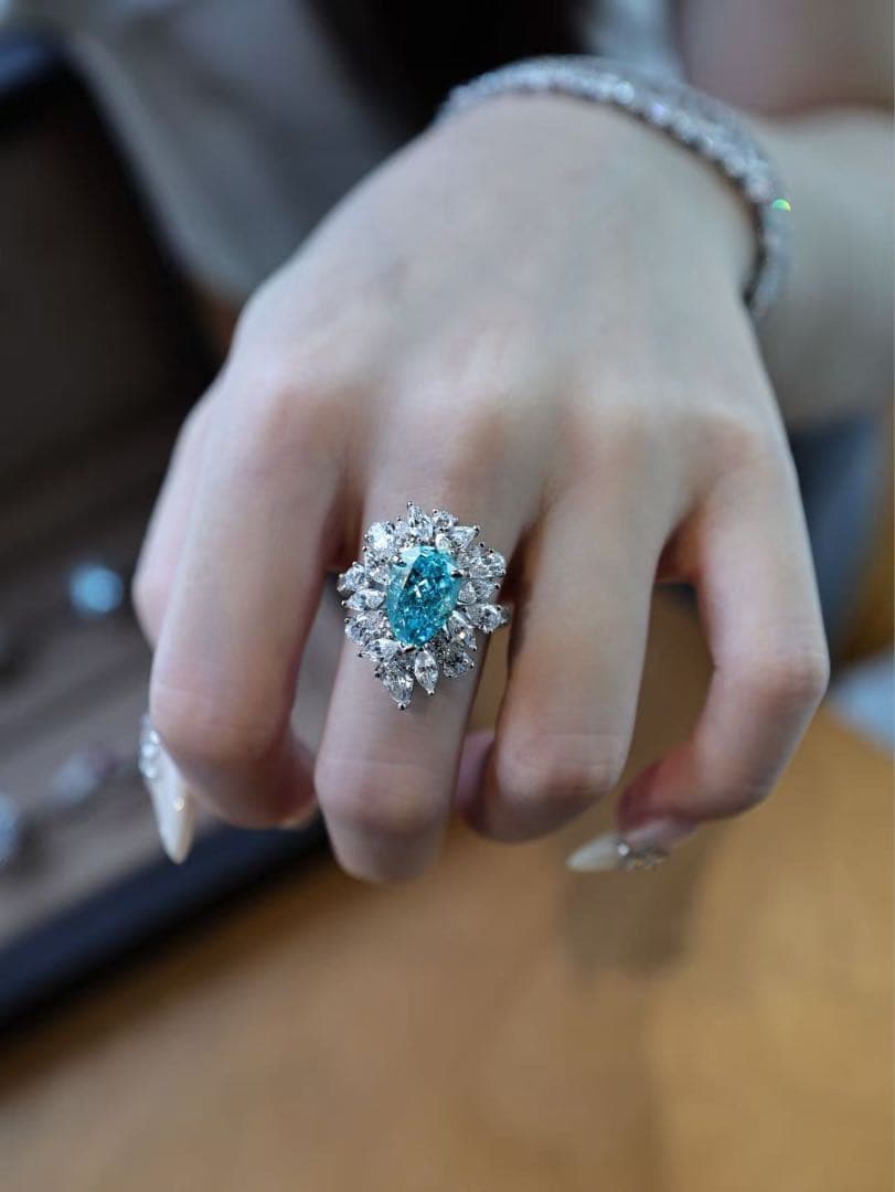 【S925純銀】ラボグロウン・パライバ リング／6.5ct／ハローセッティング