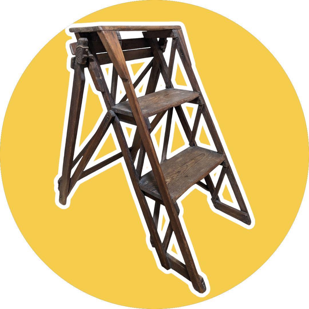 値引OK　イギリスアンティーク　折りたたみ　 木製3段　ステップラダー　脚立 イギリス アンティーク 折りたたみステップラダー3段/脚立