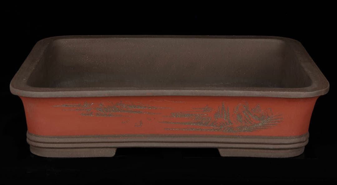 中国古盆器】中国宜興 紫砂 朱泥外縁長方盆栽鉢 釘彫