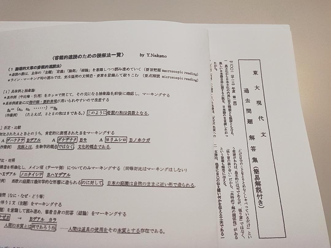 駿台の東大現代文 中野芳樹先生 過去問題解答集（簡易解説付き