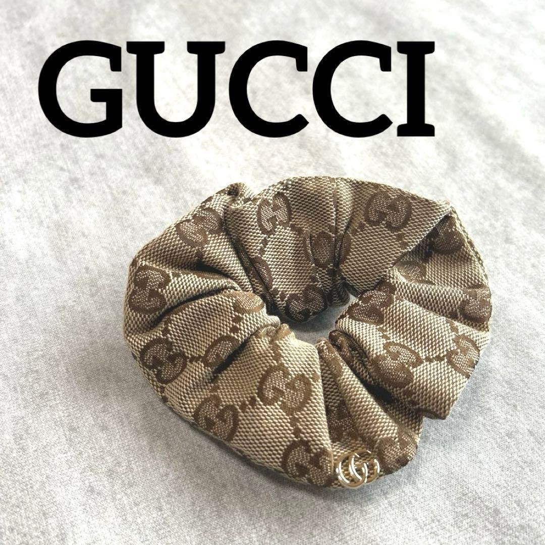 グッチ GUCCI シュシュ ヘアアクセサリー GG柄 髪留め 金×茶 G206