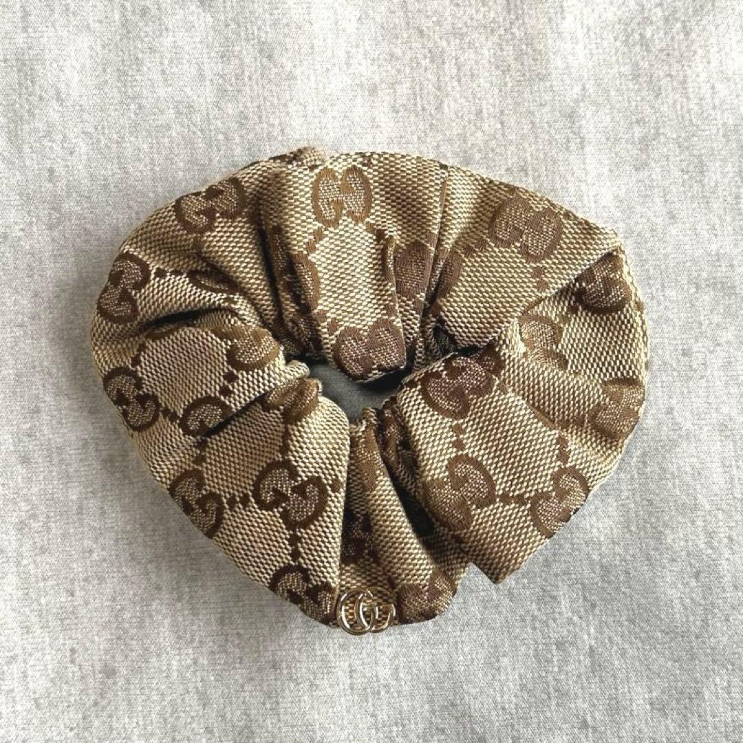 グッチ GUCCI シュシュ ヘアアクセサリー GG柄 髪留め 金×茶 G206