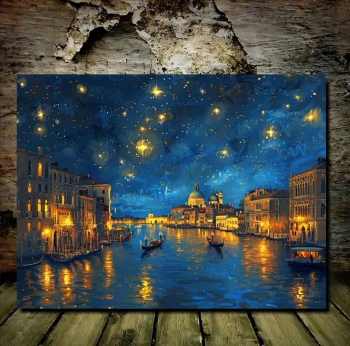 ヴェネツィアの夜景 油彩画 抽象画 アートキャンバス 40x30cmフレーム