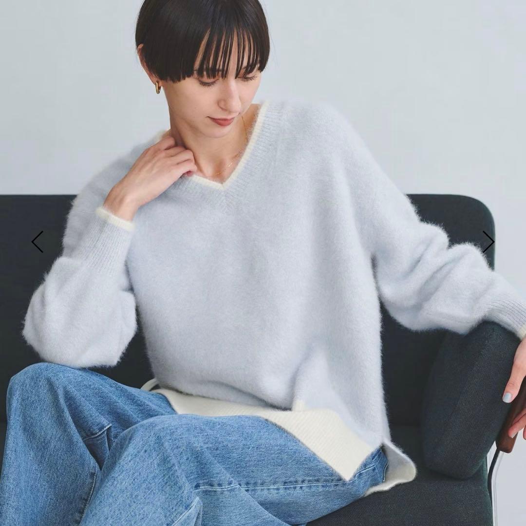 フォックスカシミヤ Vネック ニット ブルー フォックスカシミヤブレンド Vネックニットプルオーバー