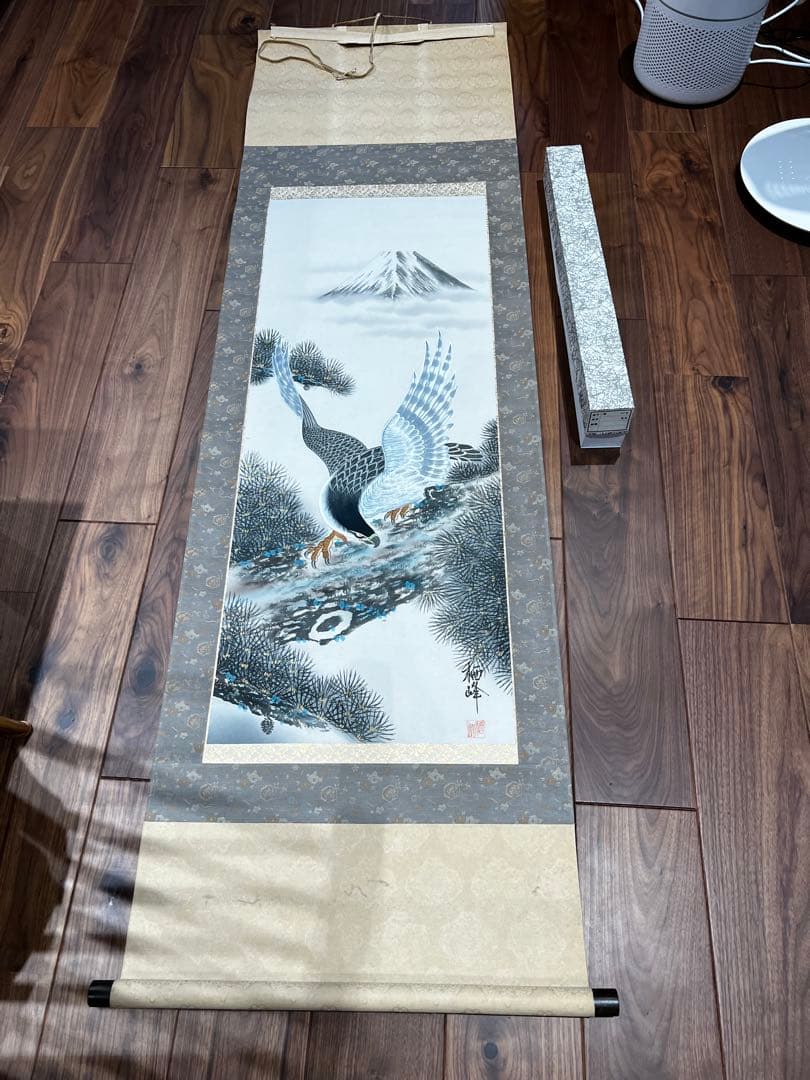 栖峰 【富士鷹】掛け軸 掛軸 (掛け軸) 一富士二鷹三茄子 長江桂舟 尺三立 約横44.5cm×縦164cm