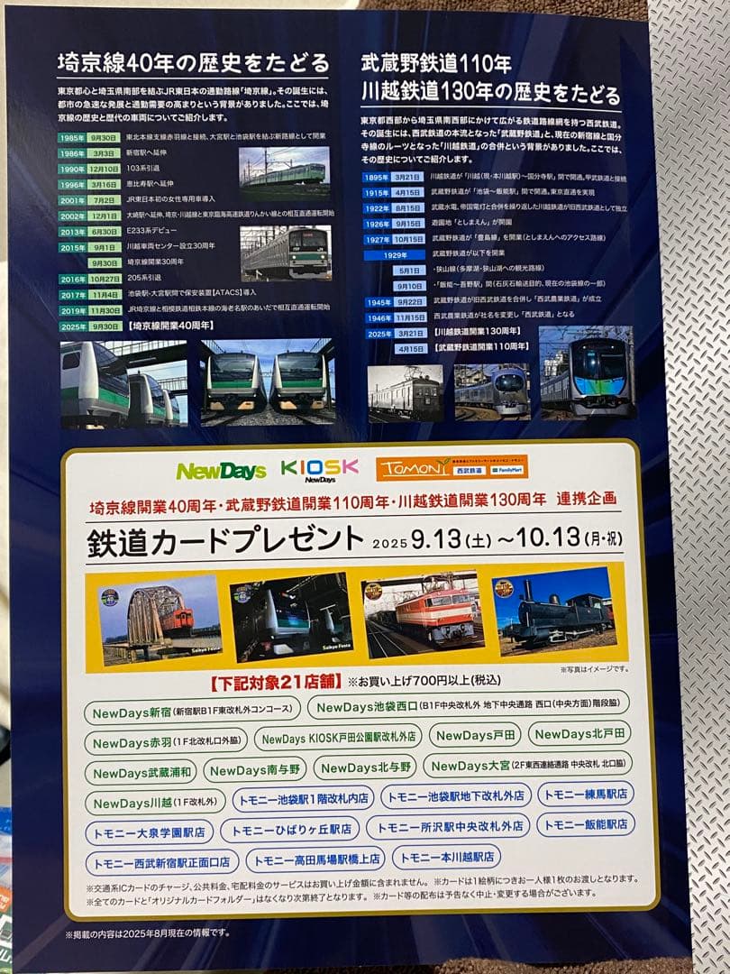 JR東日本×西武鉄道 鉄道カード フォルダー 埼京線開業40周年 カード4枚