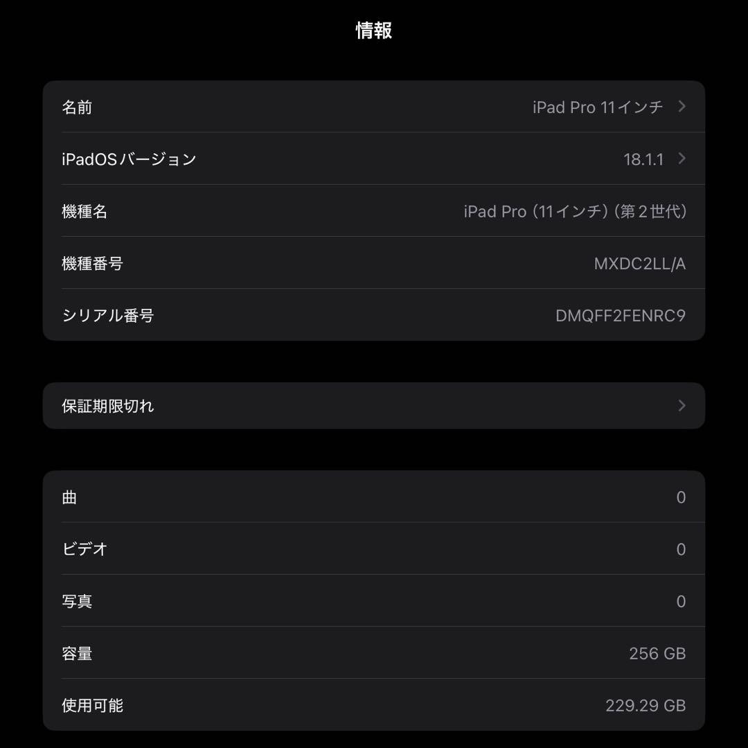 【超美品】iPad Pro 11インチ 第2世代 256GB Wi-Fi