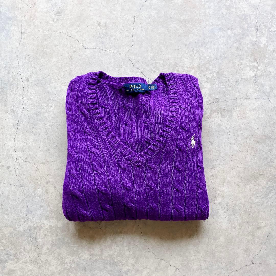 ポロ ラルフローレン パープル コットン ケーブルニット Vネック ロゴ
