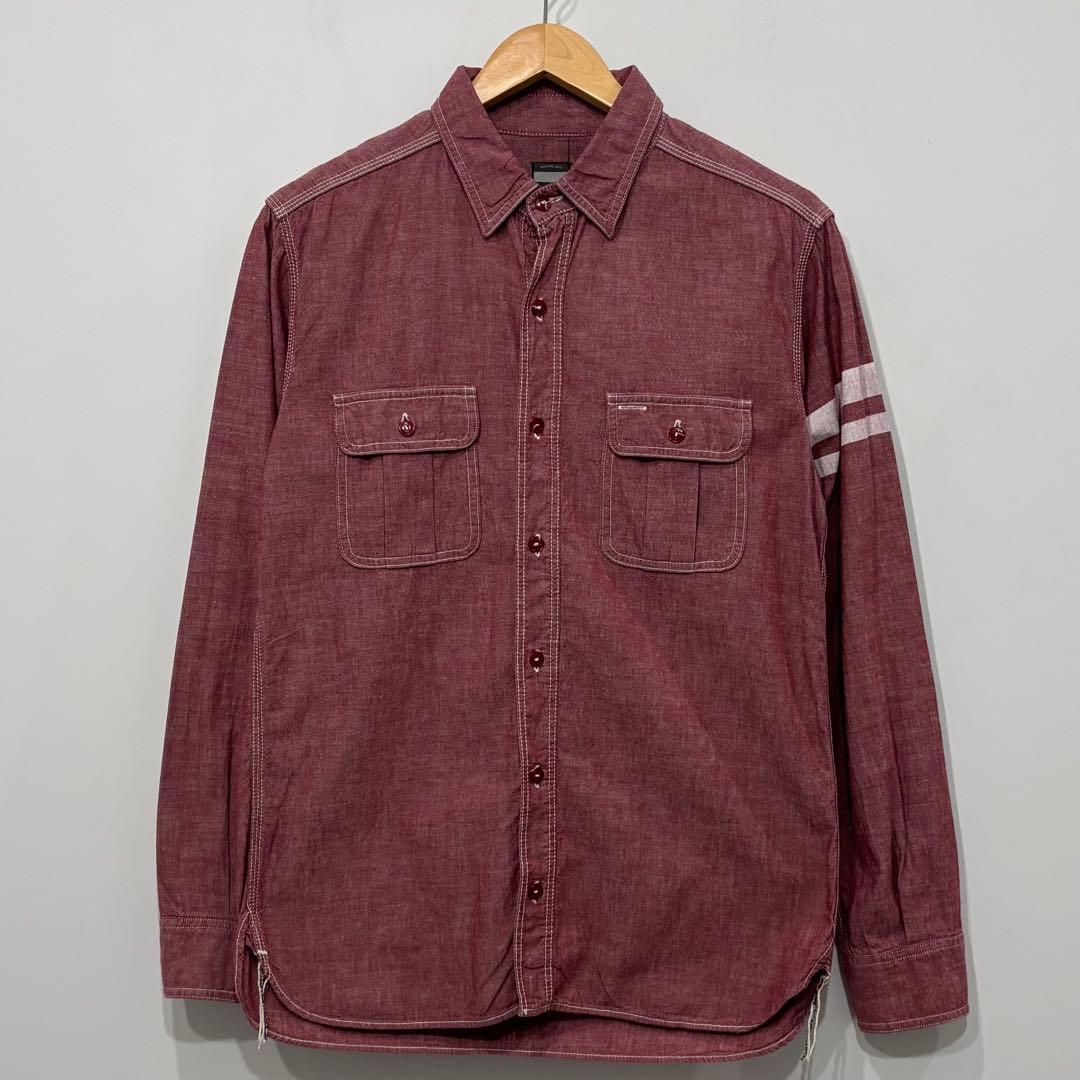 美品 桃太郎ジーンズ 出陣 シャンブレー ワーク シャツ 42 XL レッド