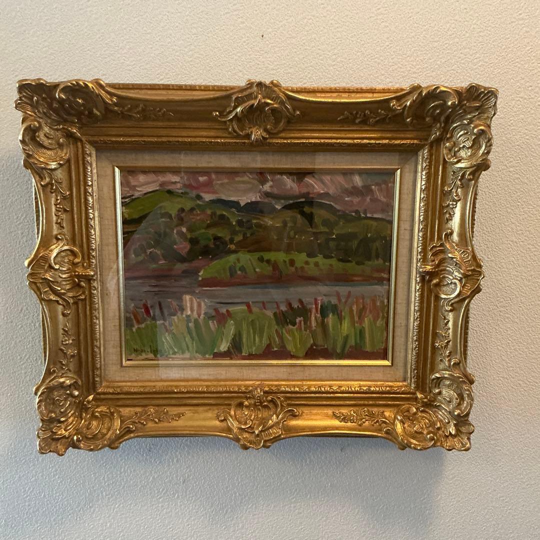 井手宣通　山湖　油彩画　真作 🌄《日照江山》✨ 陈兆芳老师· 手绘山水油画作品🌅 “山有高度，心有