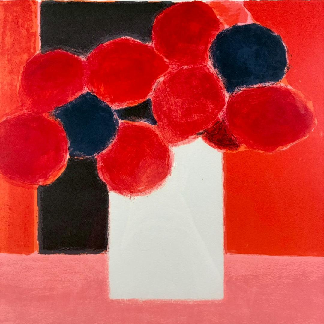 美品 ベルナール・カトラン「ピンクのテーブルの赤い花束」リトグラフ