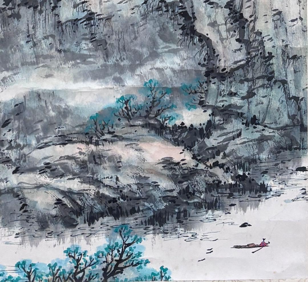 水墨画 掛軸 青山図 謝陽画 中国 絵画 山水 箱付 張大千大風堂 カラー