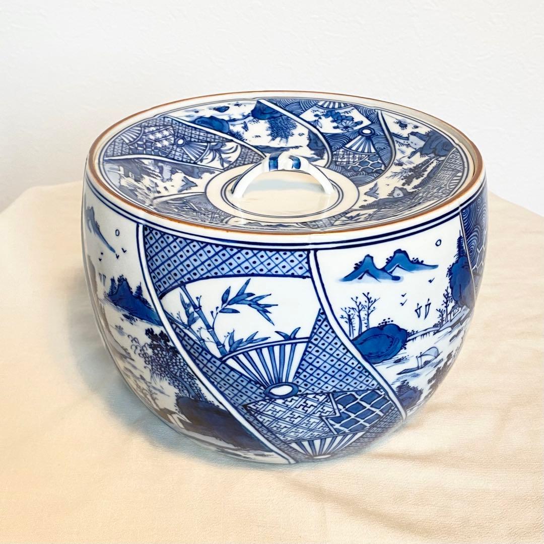 茶道具【水指】 平安春峰造 祥瑞 古典柄 白 青 紺 陶磁器 共箱付き