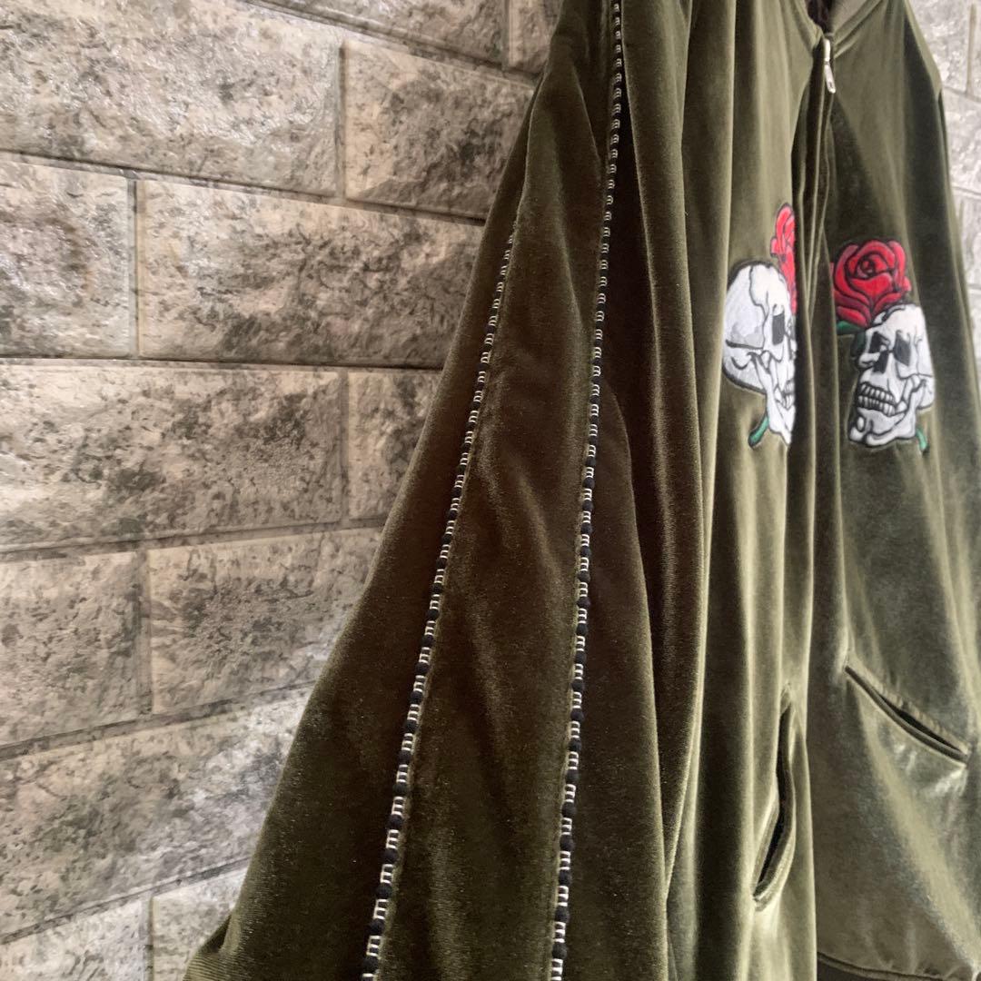 ベロアスカジャン グリーン スカル 薔薇 豹柄裏地 パイピング Cambio
