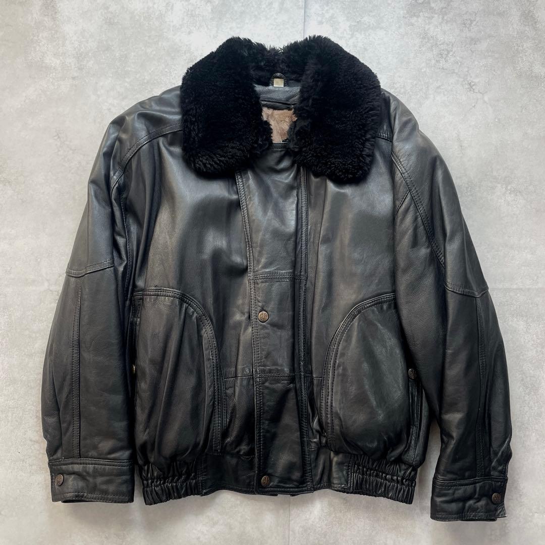 チェキアンラム×羊革】archive レザージャケット 襟ボア 黒 XL相当