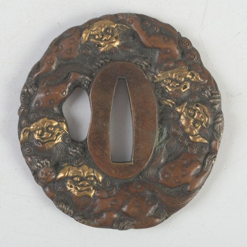 武具 刀装具 大森英重銘 古銅 牡丹神獣紋鍔 時代箱 C