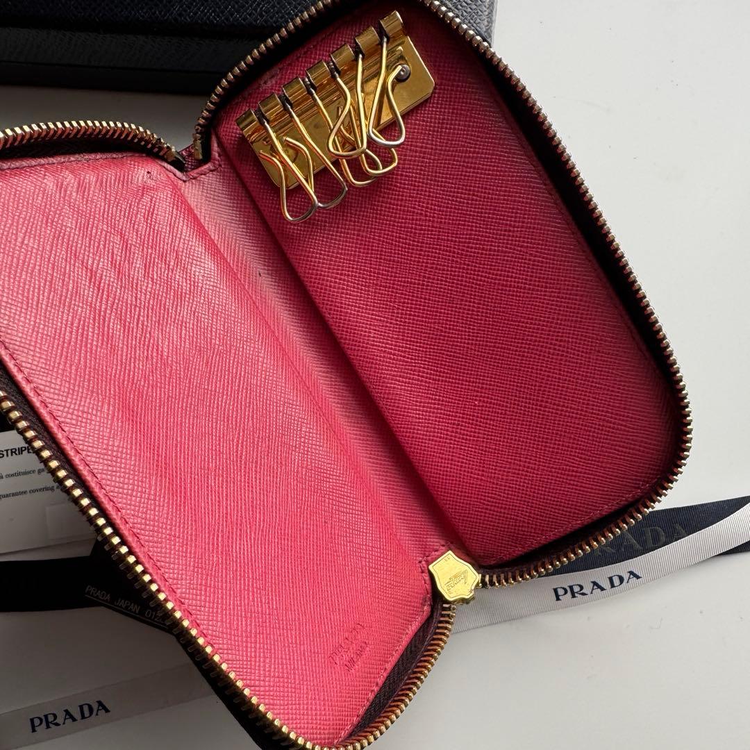 美品】 222 PRADA プラダ サフィアーノラウンドファスナー キーケース