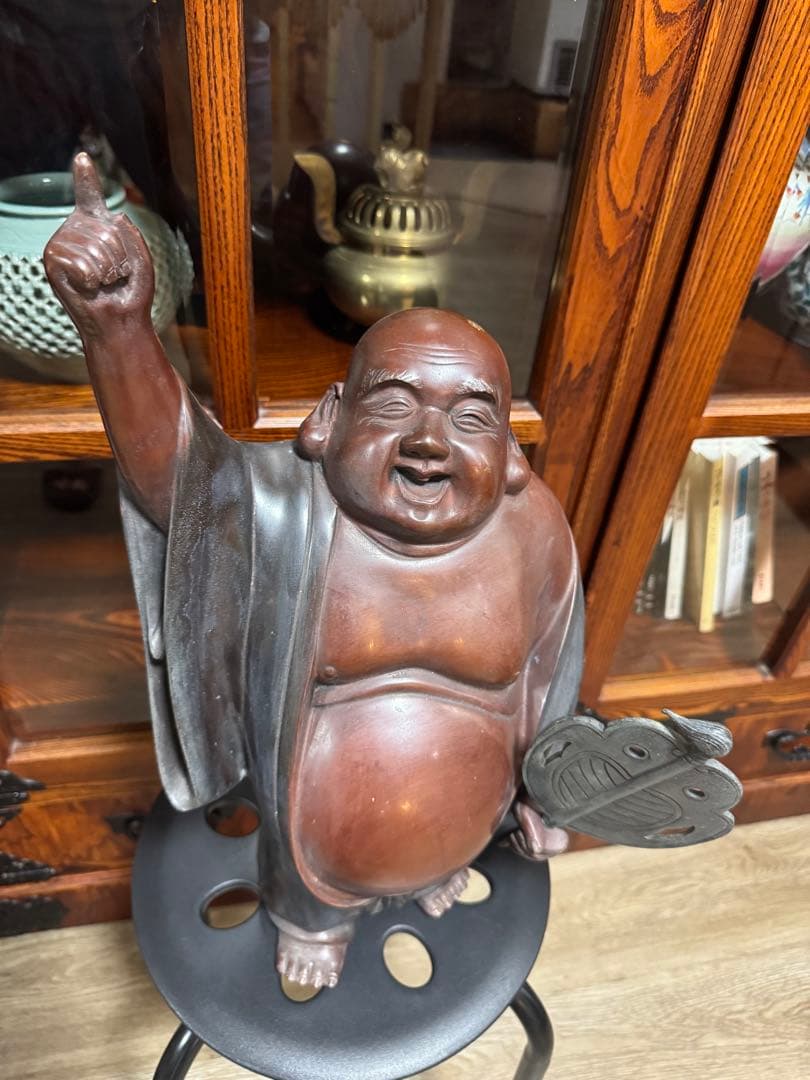 昭和レトロ・布袋様像】重厚・木彫／銅製 縁起物 約9.5kg
