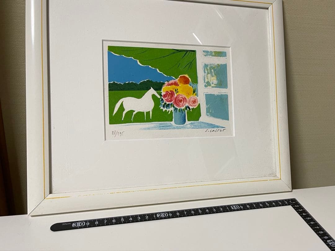 リトグラフ 版画 セルジュ・ラシス /antique 英国 薔薇 白馬 縁起物