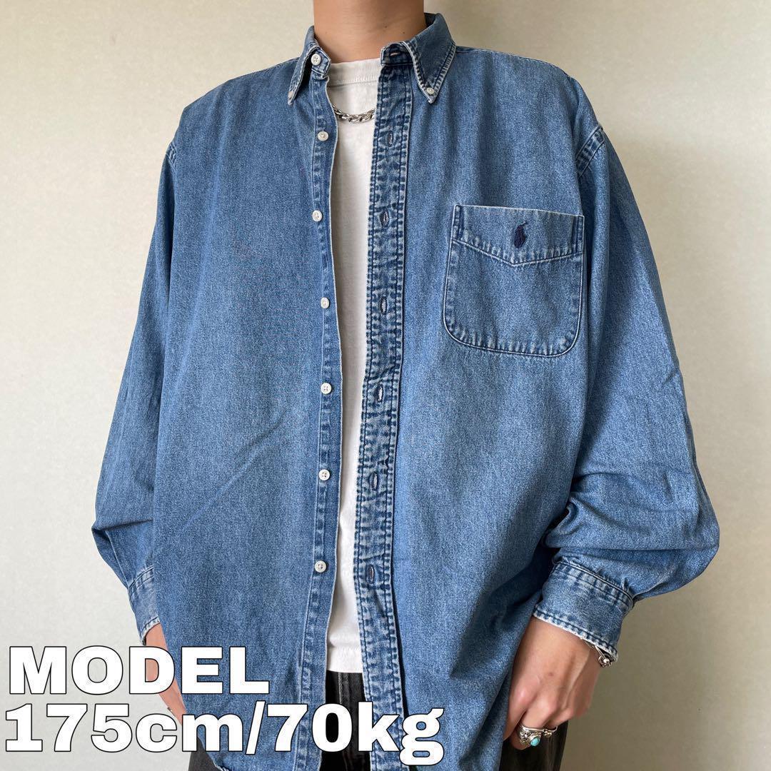 ラルフローレン デニムシャツ L 青 ブルー 紺 ポケット ポニー刺繍